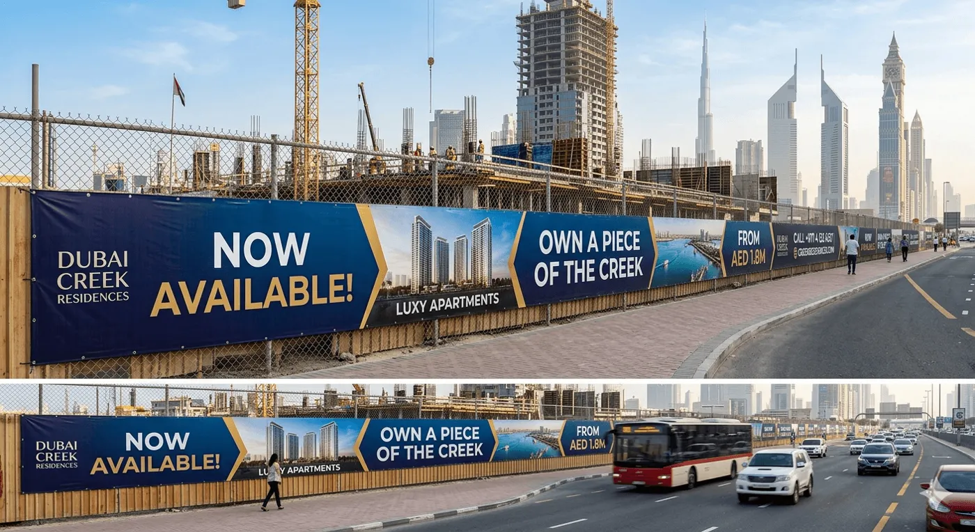 Printed mesh banners tied along a construction site boundary fence in Dubai
