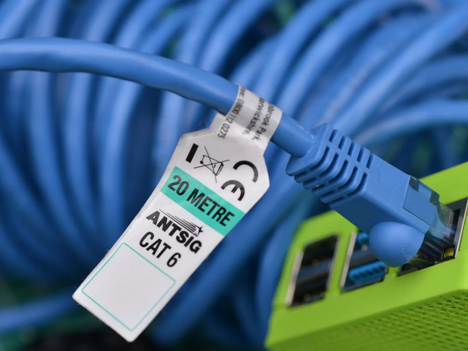 Printed cable identification label tag attached to a blue network cable at a connector