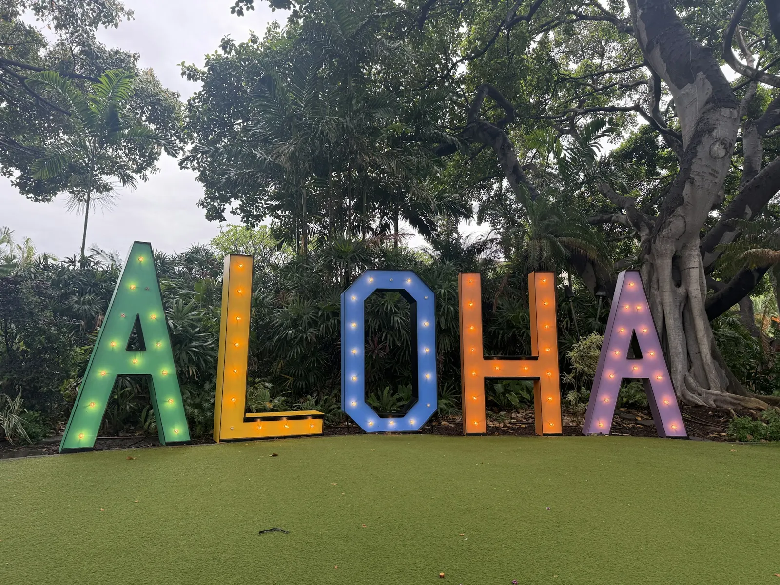 Freestanding illuminated marquee letters spelling ALOHA on a lawn at an outdoor event