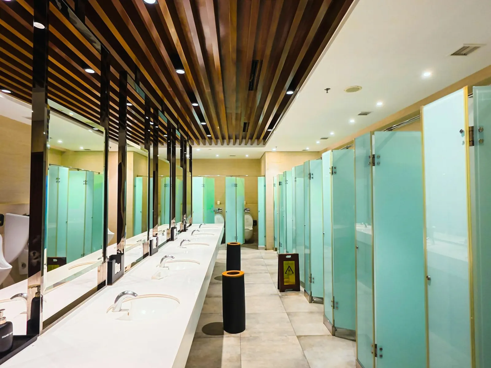 Modern washroom with a row of frosted glass cubicle doors opposite a long vanity counter