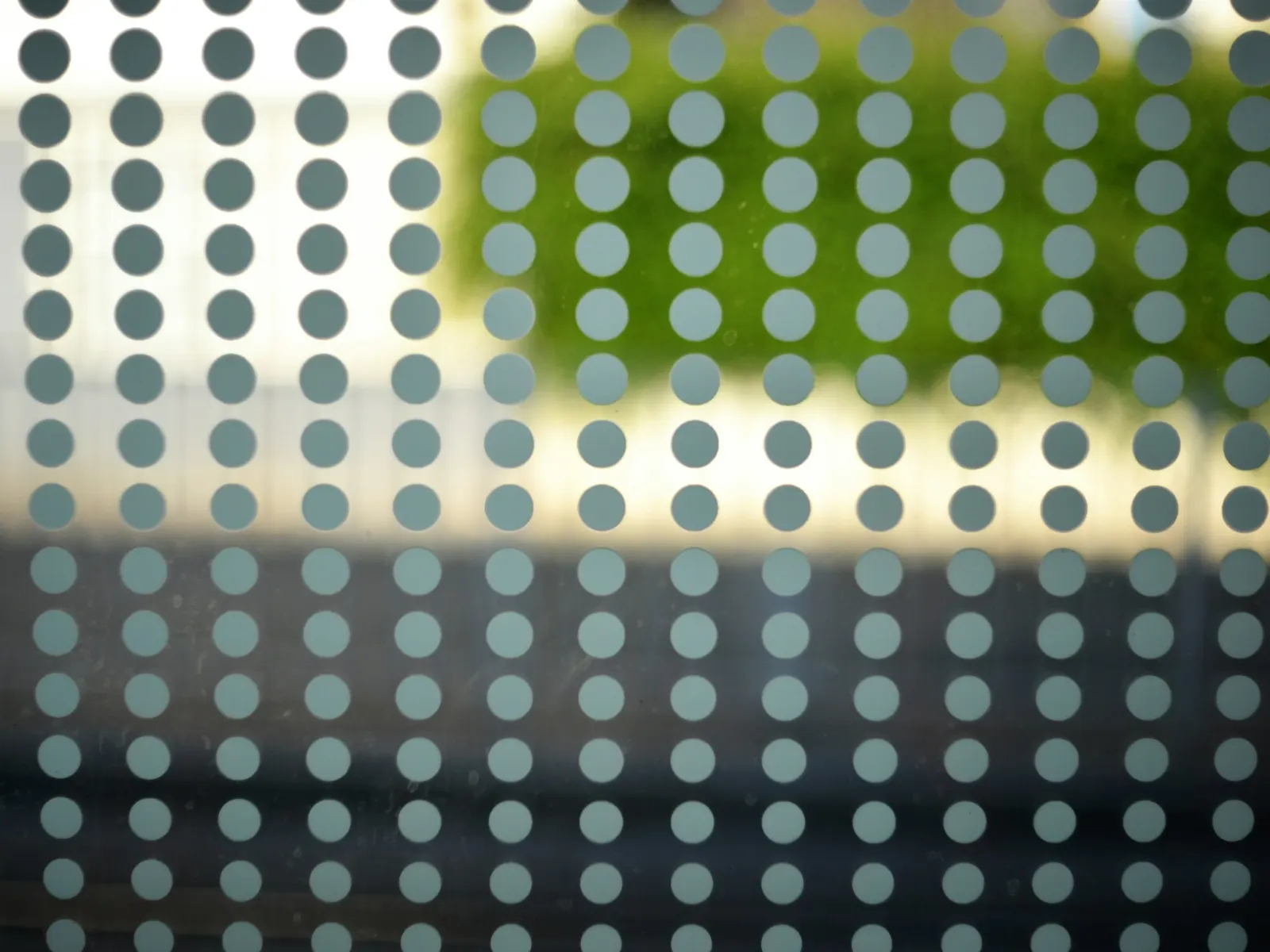 Close view of perforated one-way vision window film dots with blurred greenery seen through glass