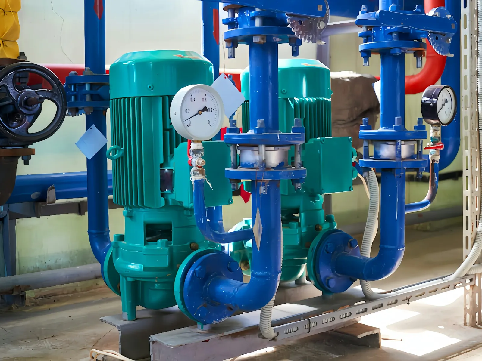 Pumps, gauges and handwheel valves on blue pipework in a clean modern plant room